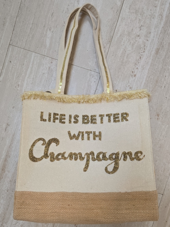 America & Beyond Handbags - America & Beyond "Life is Better With Champagne" Beaded Jute Tote Bag